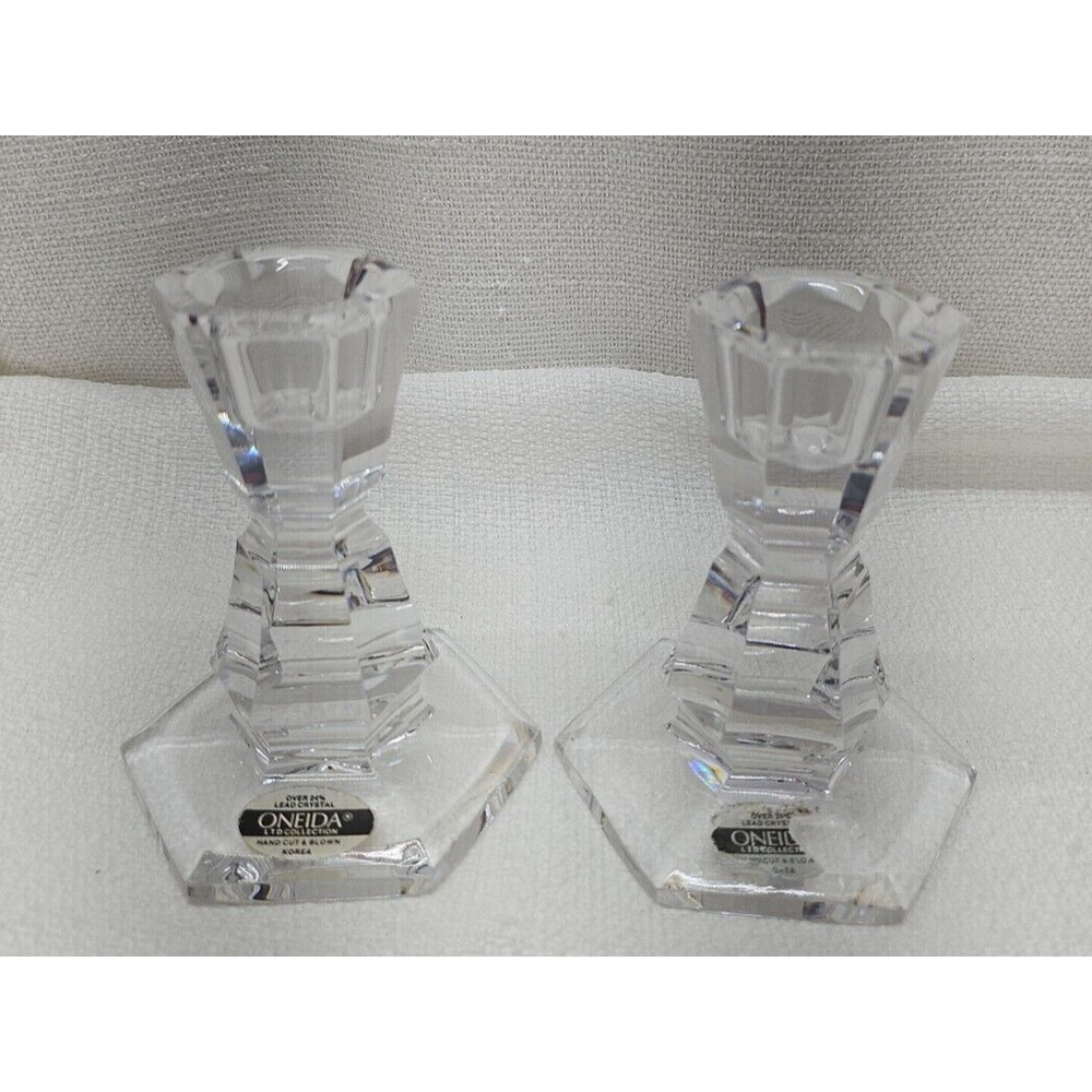 Vintage Rare Oneida Lead Crystal Set 2 Candlesticks Candle Holders